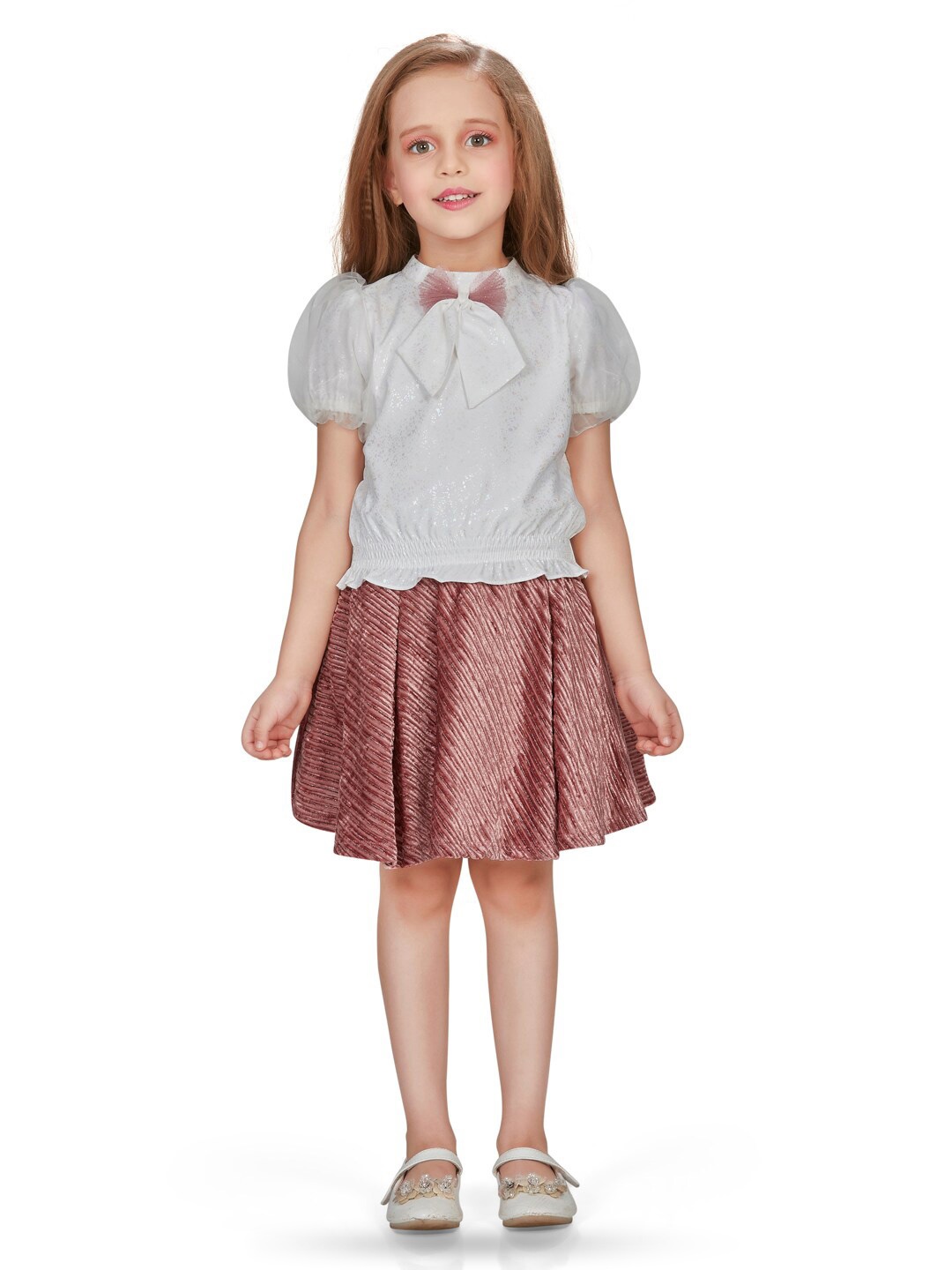 

Peppermint Girls High Neck Puff Sleeves Top with Skirt, Peach