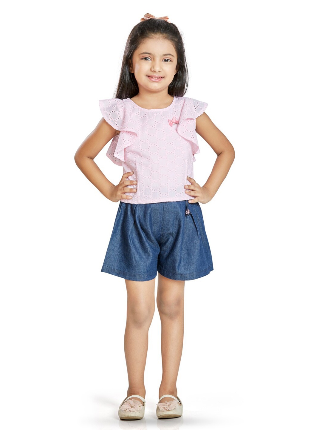

Peppermint Girls Self Design RufflesTop with Shorts, Pink