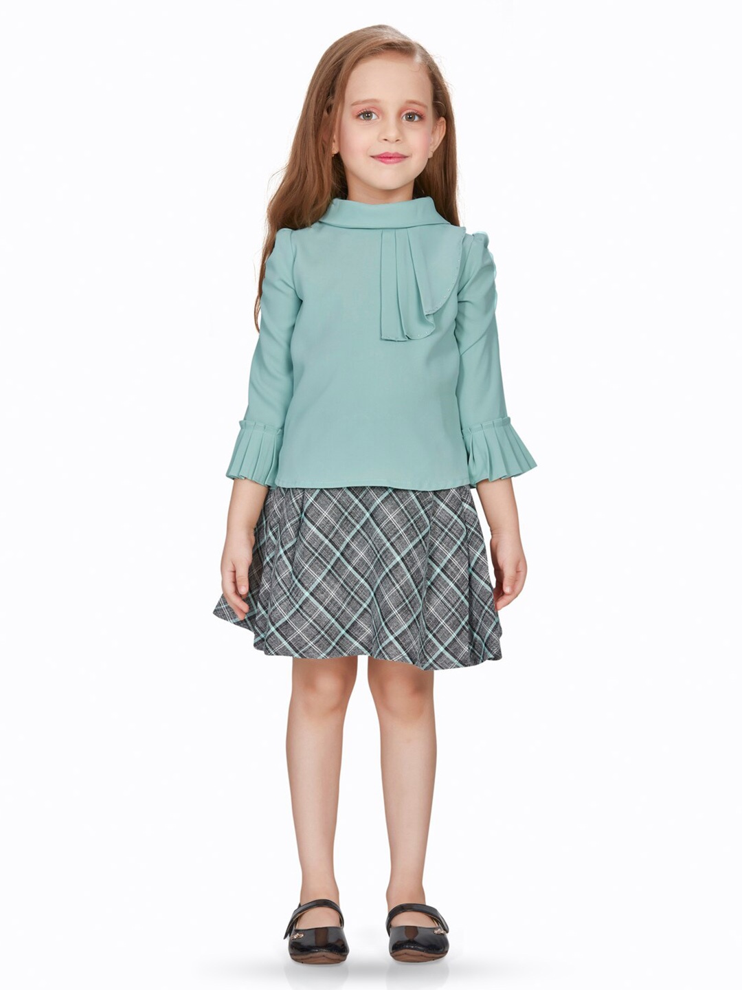 

Peppermint Girls Checked Top with Skirt, Sea green