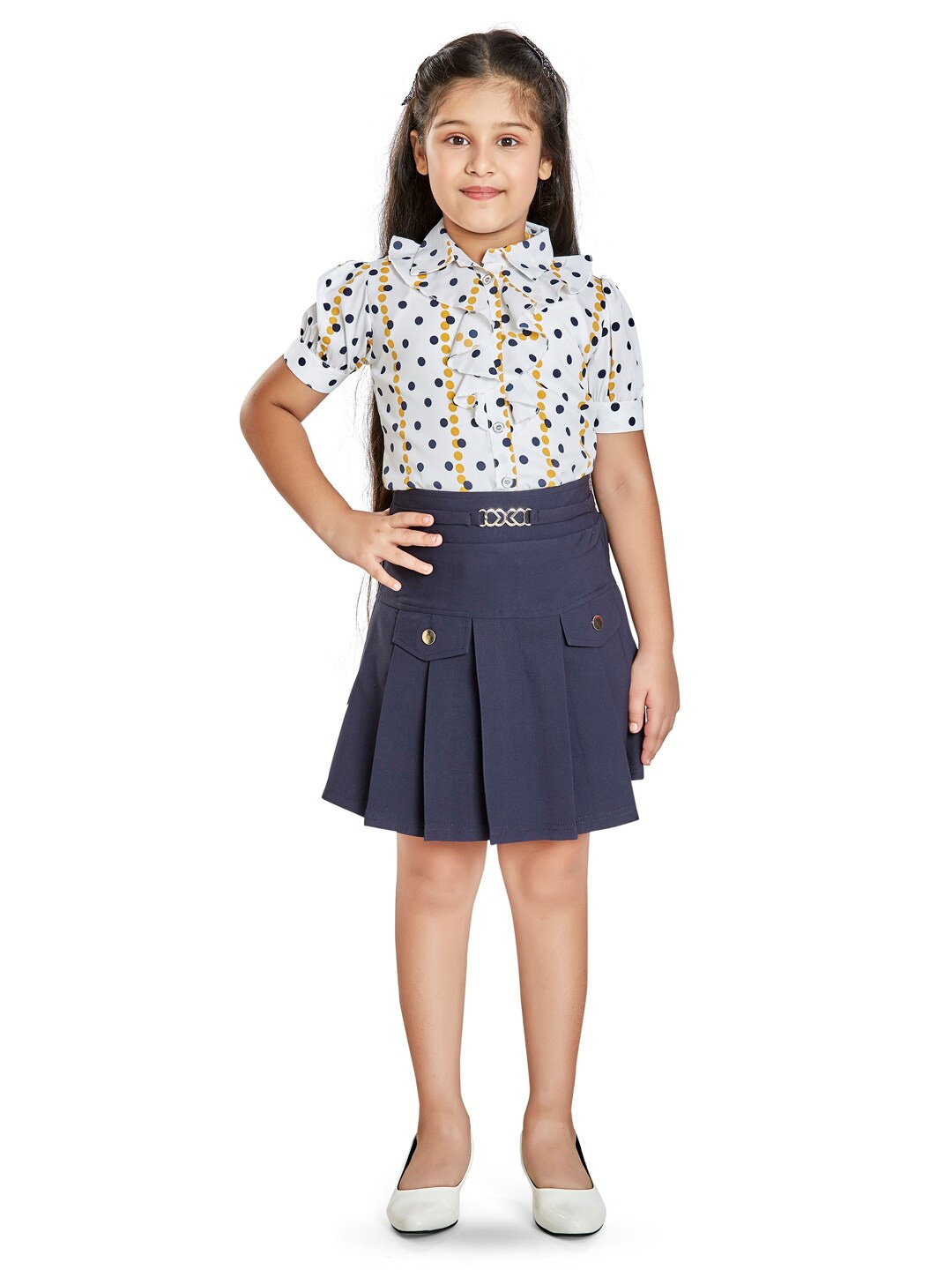 

Peppermint Girls Polka Dot Printed Top with Skirt, White