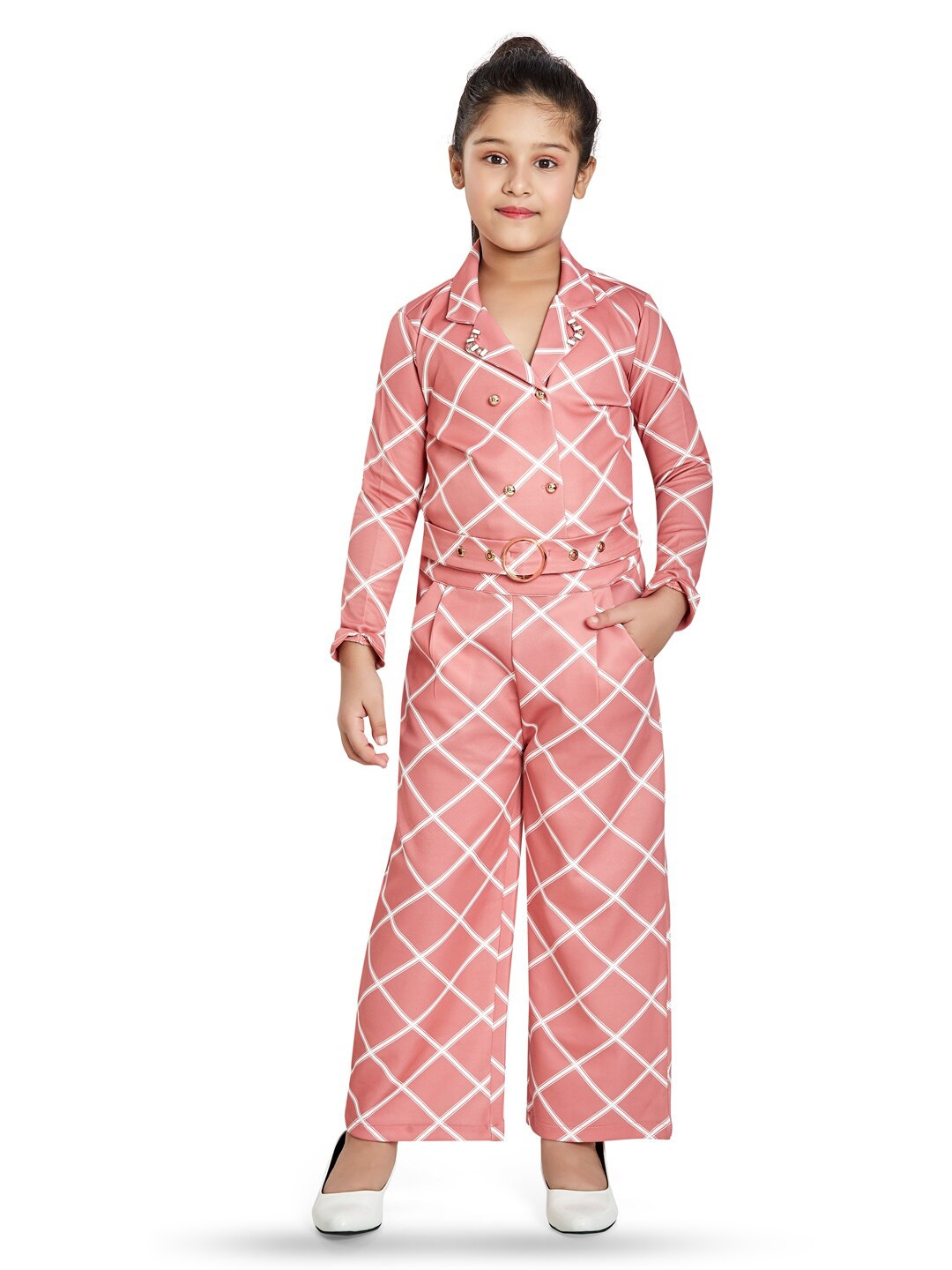 

Peppermint Girls Geometric Printed Lapel Collar Top with Trousers, Mauve