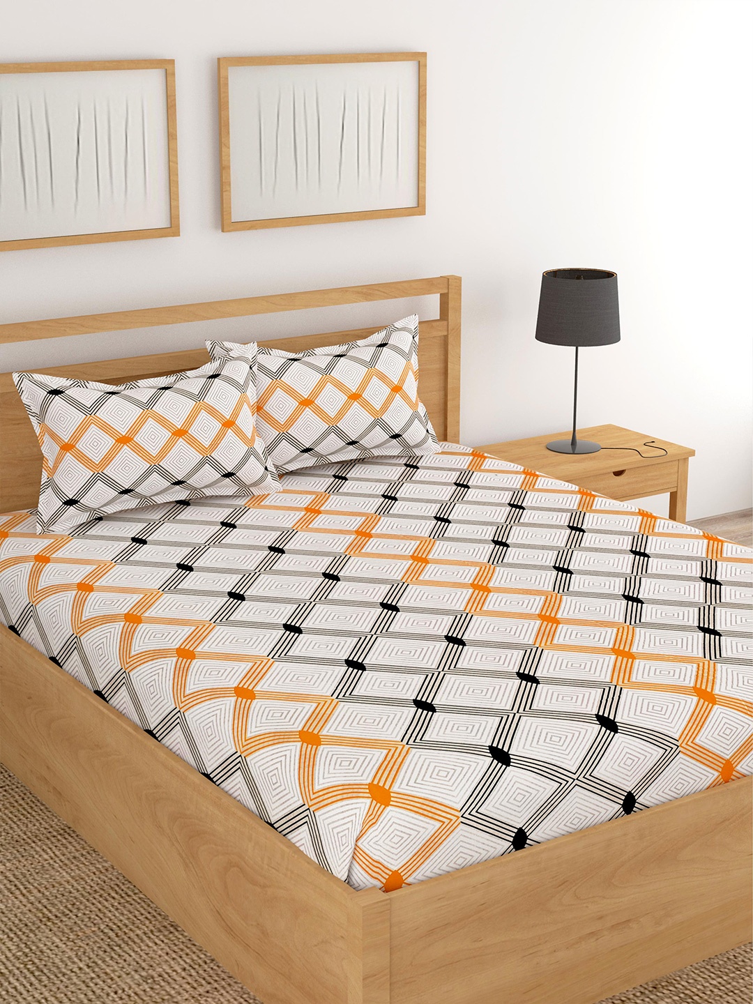

Lali Prints Orange & White Geometric Cotton 180 TC King Bedsheet with 2 Pillow Covers