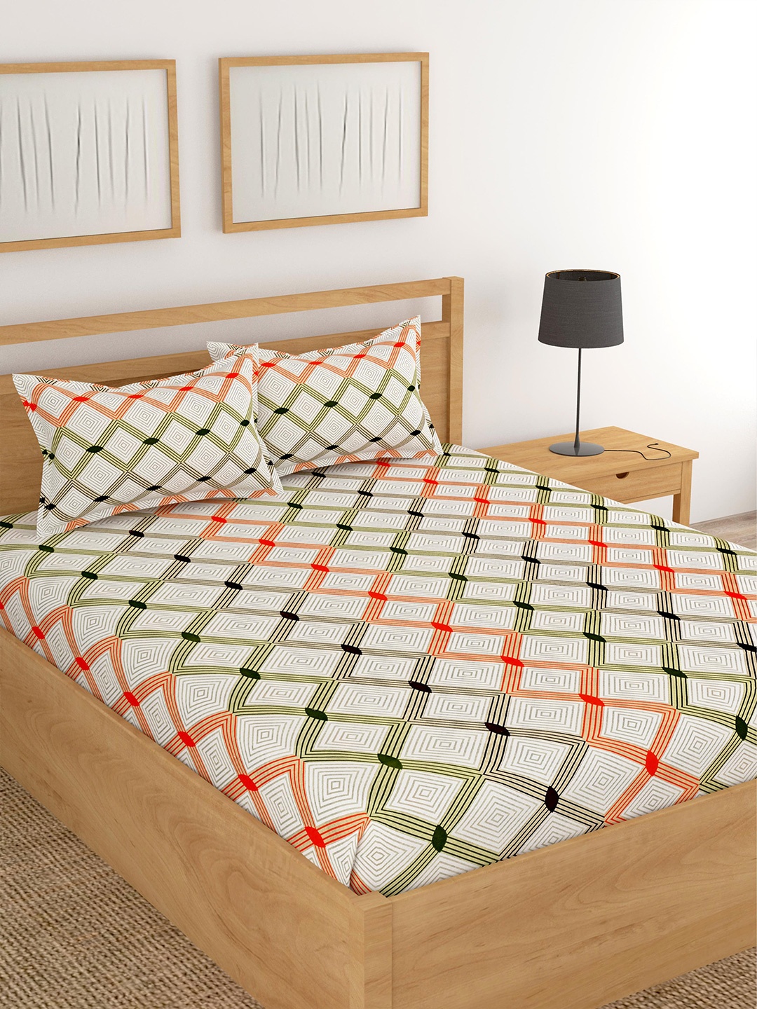 Lali Prints Green & White Geometric Cotton 180 TC King Bedsheet with 2 Pillow Covers