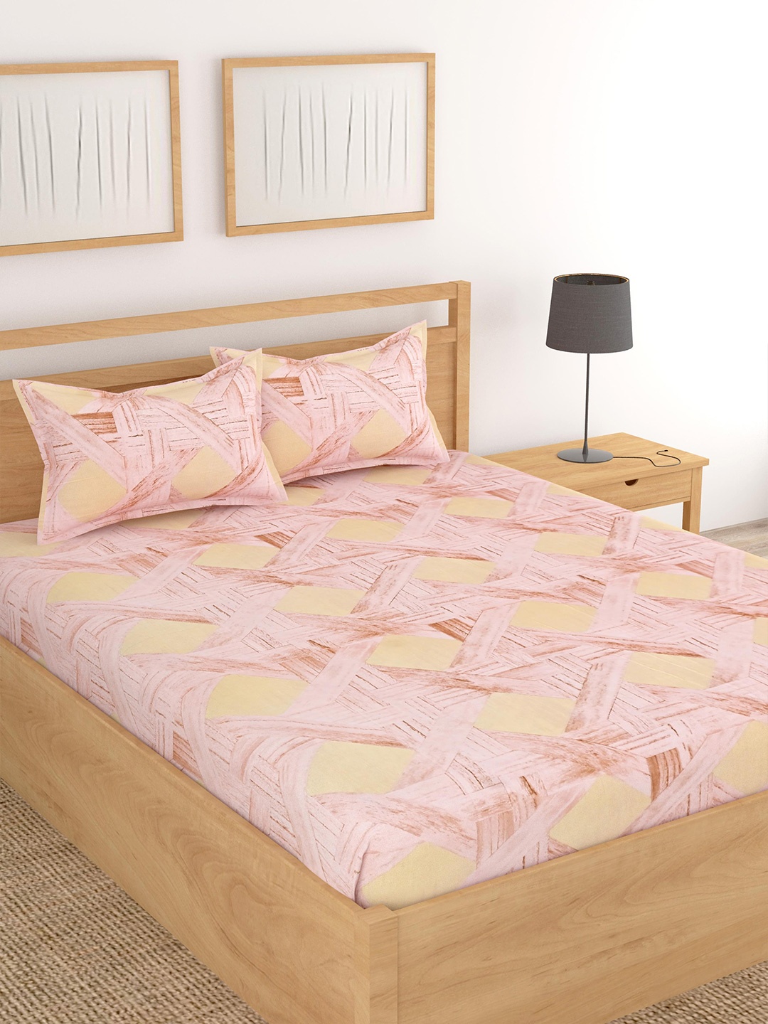 

Lali Prints Peach & Yellow Abstract Cotton 180 TC King Bedsheet with 2 Pillow Covers
