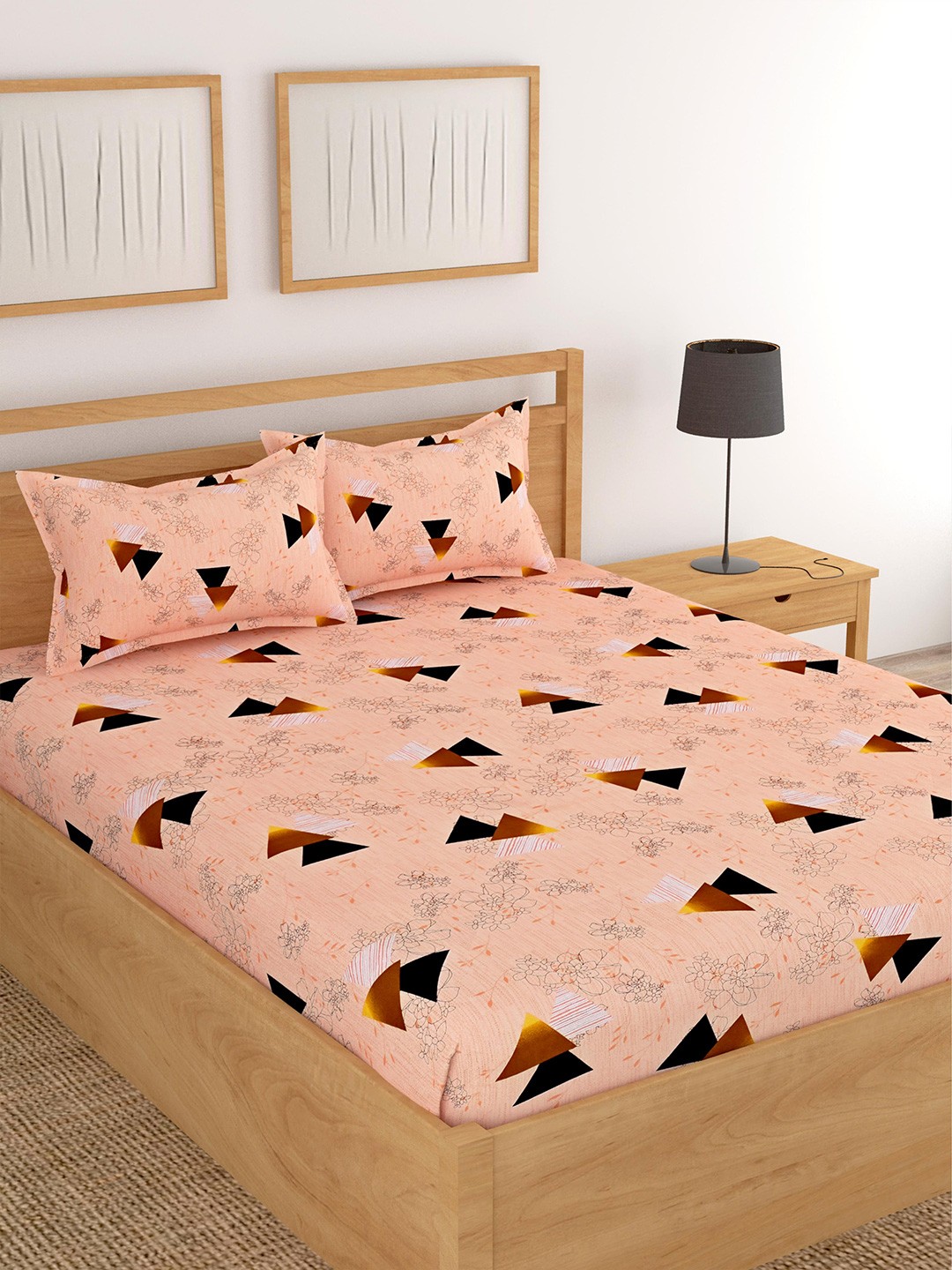 

Lali Prints Peach & Brown Geometric Cotton 180 TC King Bedsheet with 2 Pillow Covers