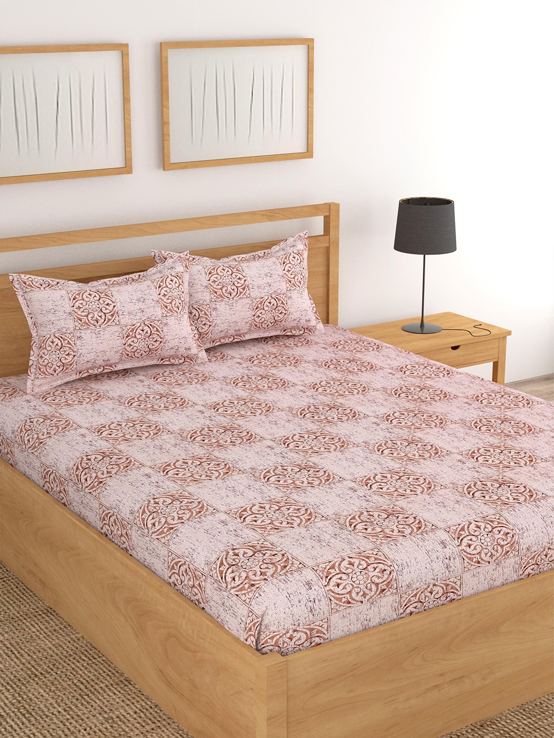 

Lali Prints Pink & Brown Ethnic Motifs Cotton 180 TC King Bedsheet with 2 Pillow Covers