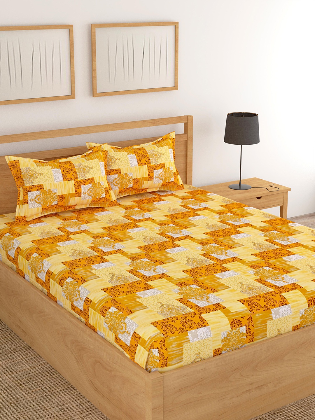 Lali Prints Yellow & Brown Ethnic Motif Cotton 180 TC King Bedsheet with 2 Pillow Covers