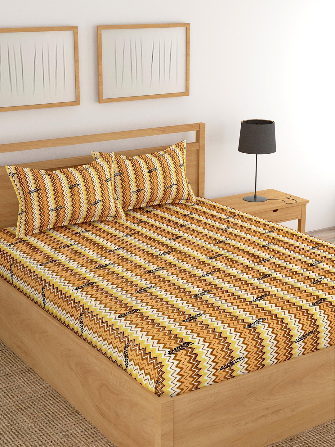 Lali Prints Brown & Yellow Striped Cotton 180 TC King Bedsheet with 2 Pillow Covers