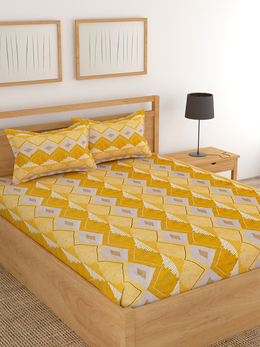 

Lali Prints Mustard & Brown Abstract Cotton 180 TC King Bedsheet with 2 Pillow Covers