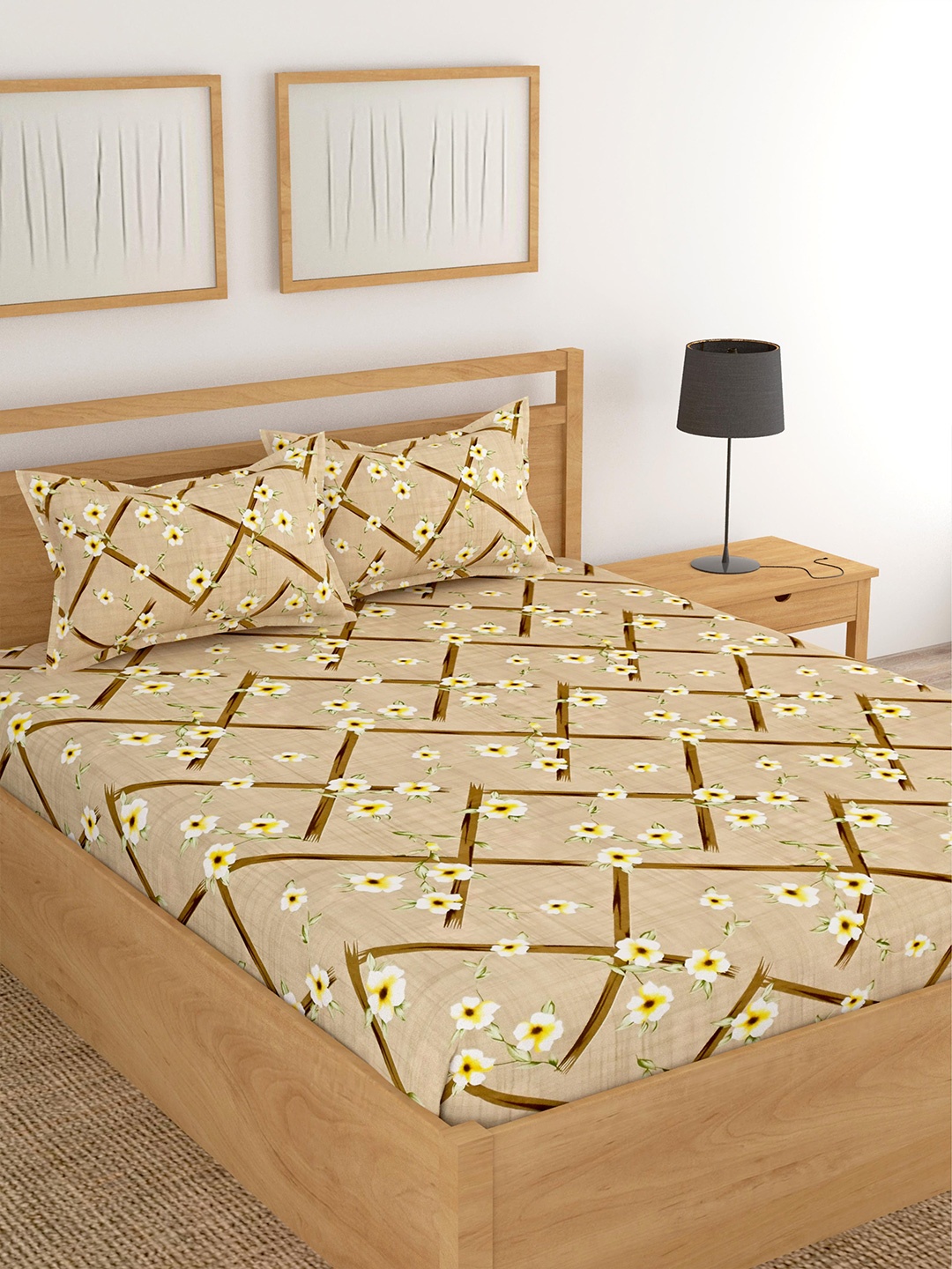 

Lali Prints Brown & Yellow Floral Printed Cotton 180 TC King Bedsheet with 2 Pillow Covers