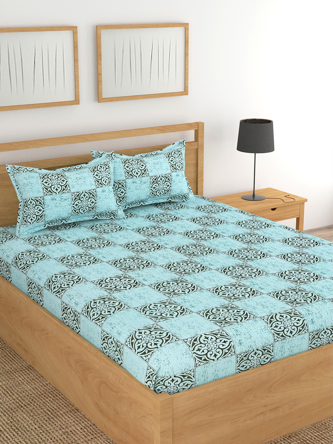 

Lali Prints Blue & Black Ethnic Motifs Cotton 180 TC King Bedsheet with 2 Pillow Covers