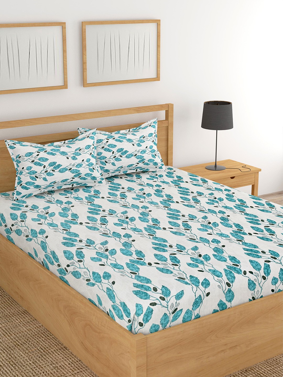 Lali Prints Blue & Green Floral Printed Cotton 180 TC King Bedsheet with 2 Pillow Covers