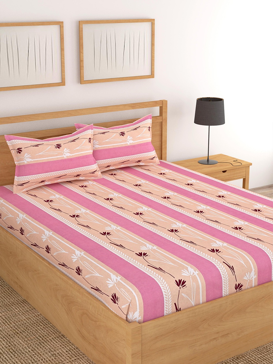 

Lali Prints Pink & Peach Floral Printed Cotton 180 TC King Bedsheet with 2 Pillow Covers