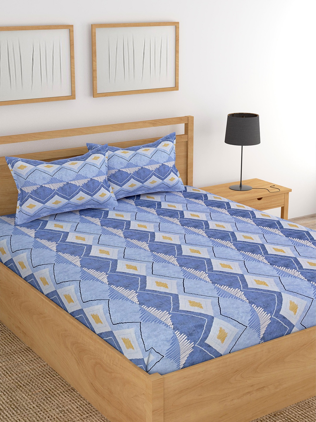 

Lali Prints Blue & White Abstract Cotton 180 TC King Bedsheet with 2 Pillow Covers