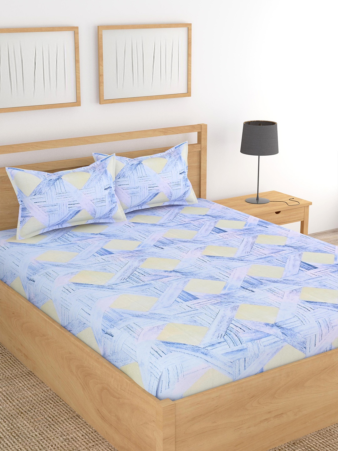 Lali Prints Blue & Yellow Geometric Cotton 180 TC King Bedsheet with 2 Pillow Covers