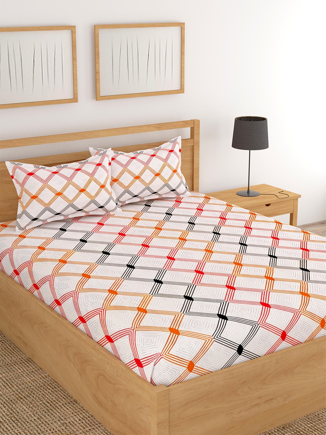 

Lali Prints Red & White Geometric Cotton 180 TC King Bedsheet with 2 Pillow Covers