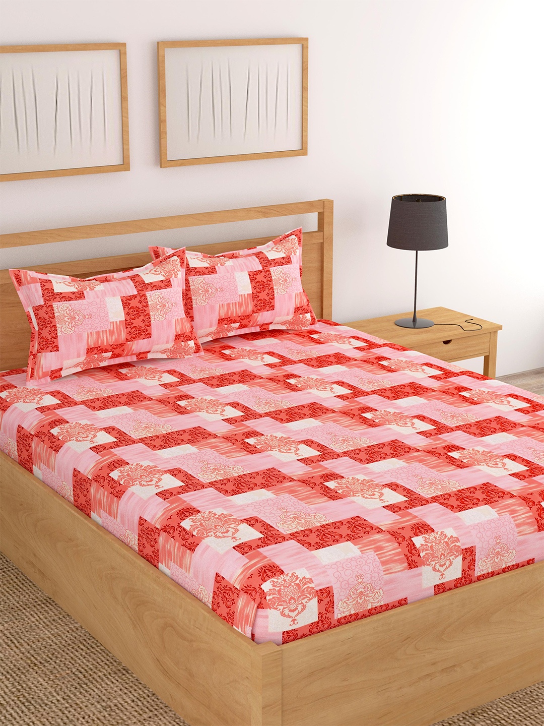 

Lali Prints Peach & Red Ethnic Motifs Cotton 180 TC King Bedsheet with 2 Pillow Covers