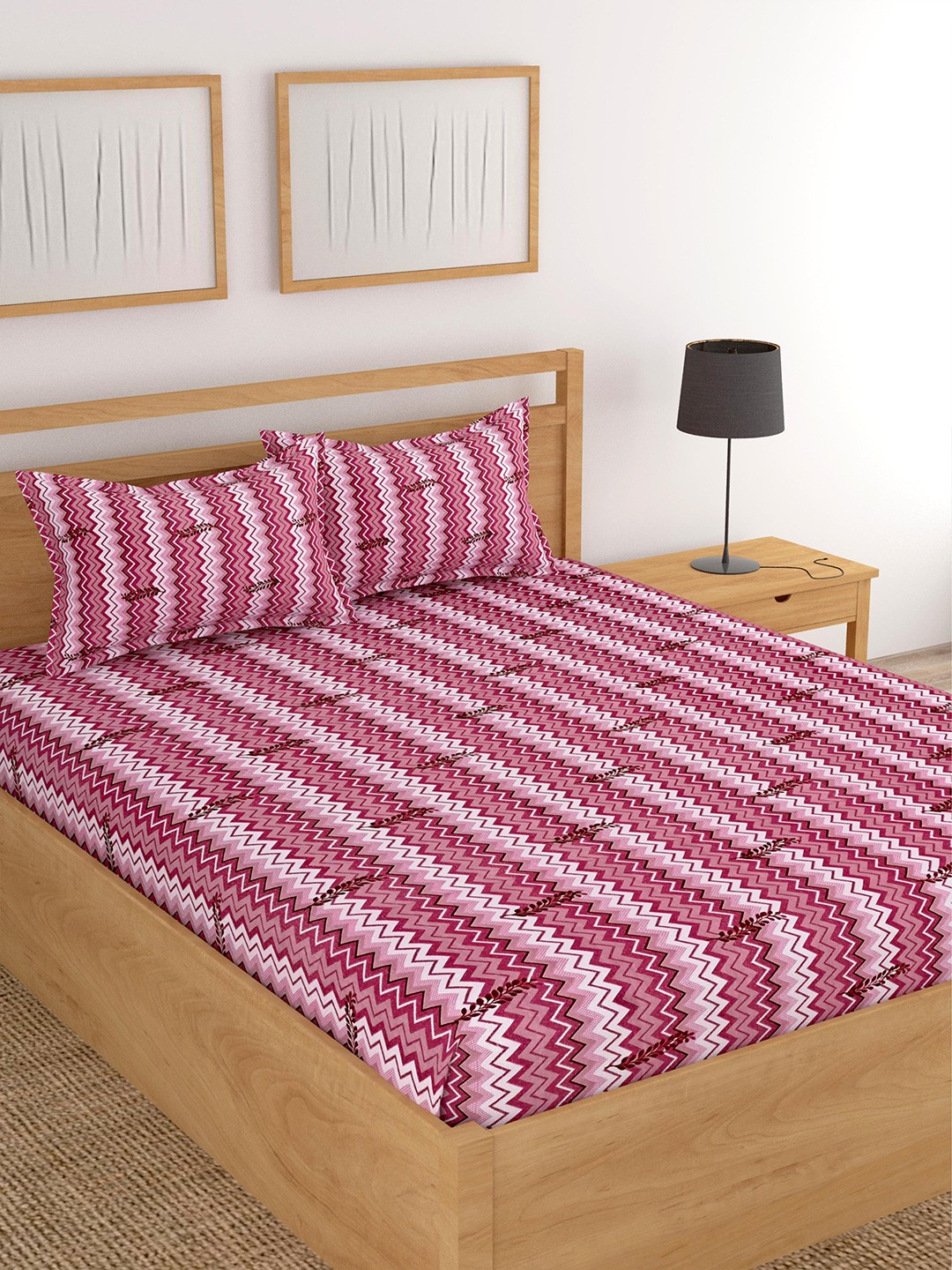 

Lali Prints Pink & White Striped Cotton 180 TC King Bedsheet with 2 Pillow Covers
