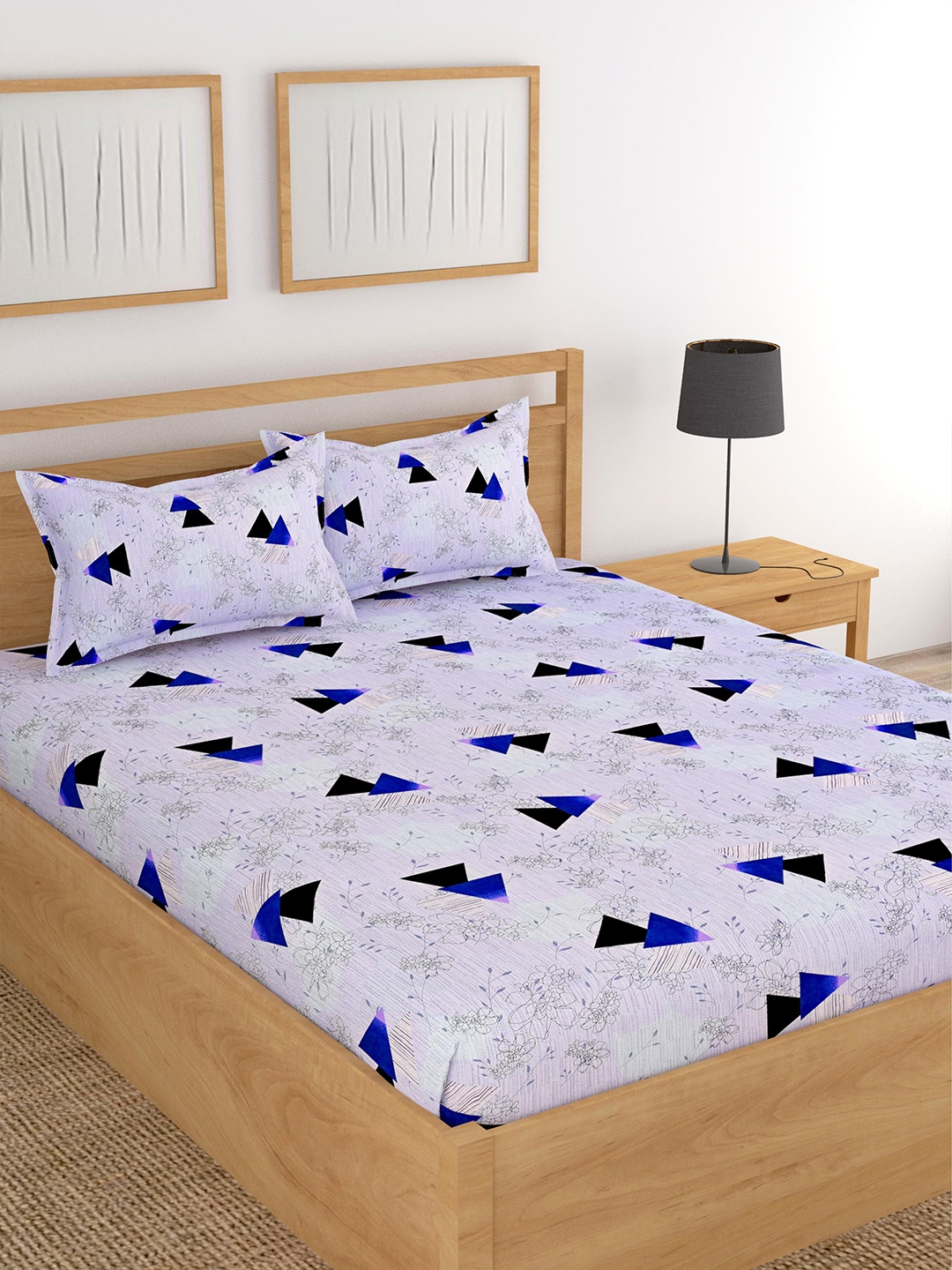 Lali Prints Blue & Black Geometric Cotton 180 TC King Bedsheet with 2 Pillow Covers