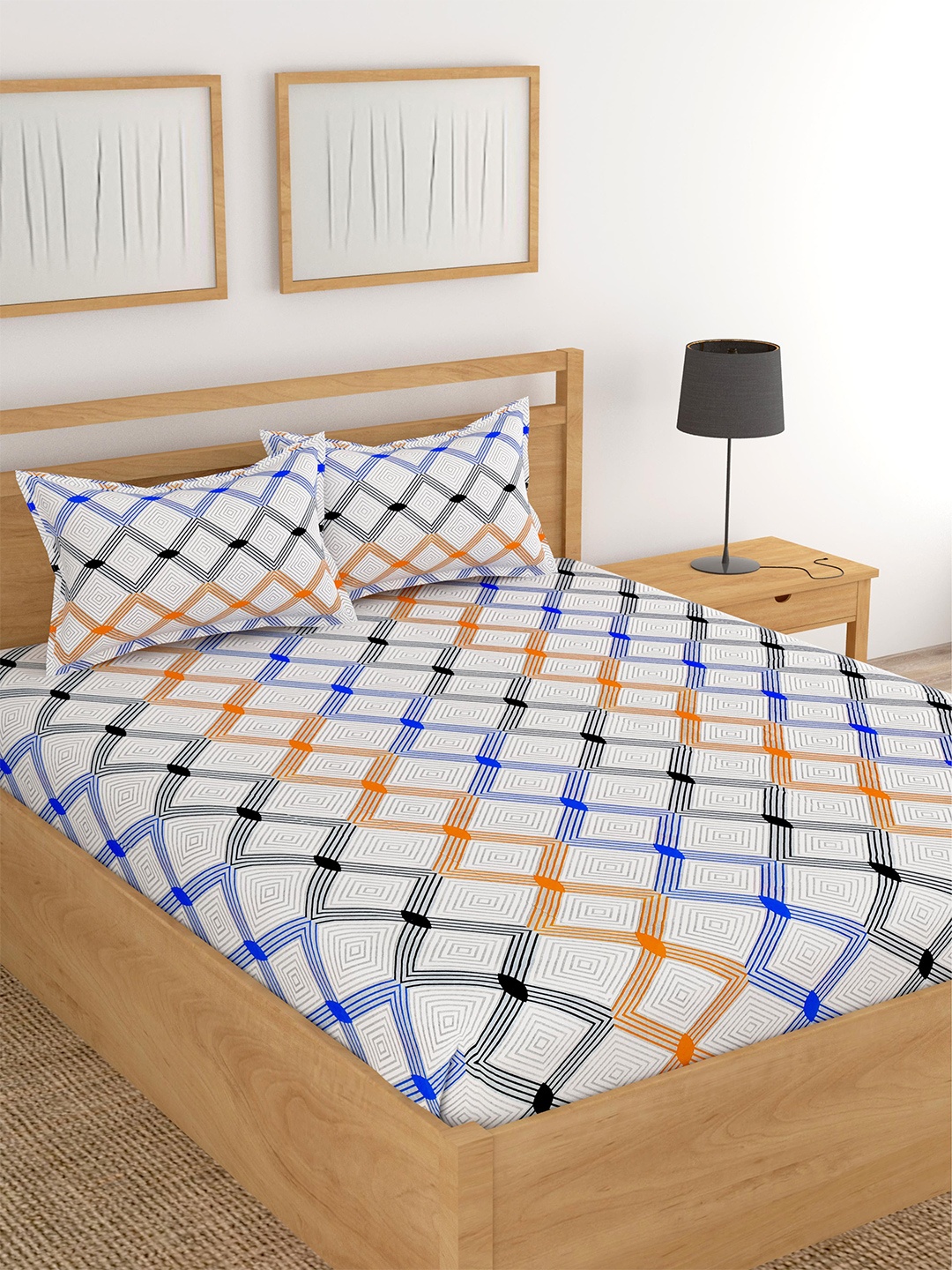 

Lali Prints Blue & White Geometric Cotton 180 TC King Bedsheet with 2 Pillow Covers