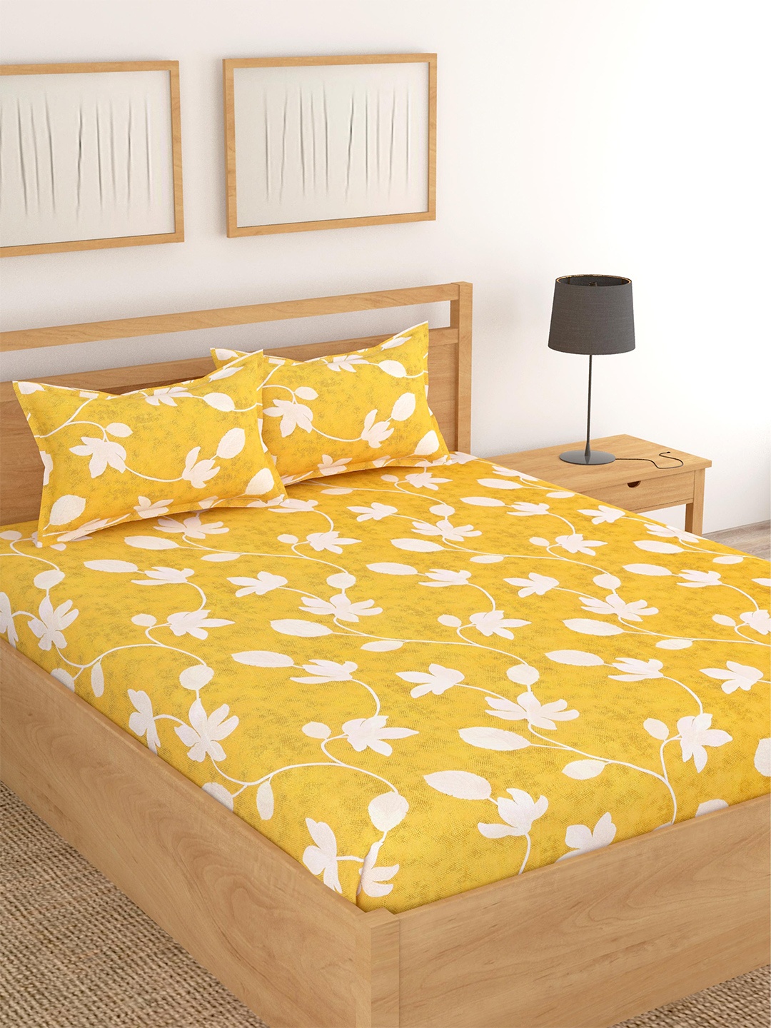 

Lali Prints Yellow & White Floral Printed Cotton 180 TC King Bedsheet with 2 Pillow Covers