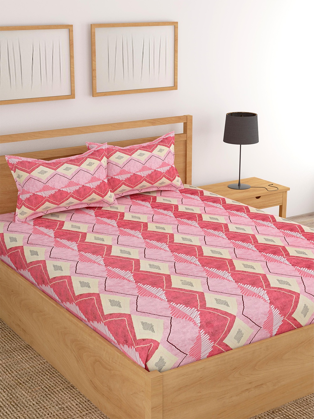 Lali Prints Pink & Red Abstract Cotton 180 TC King Bedsheet with 2 Pillow Covers