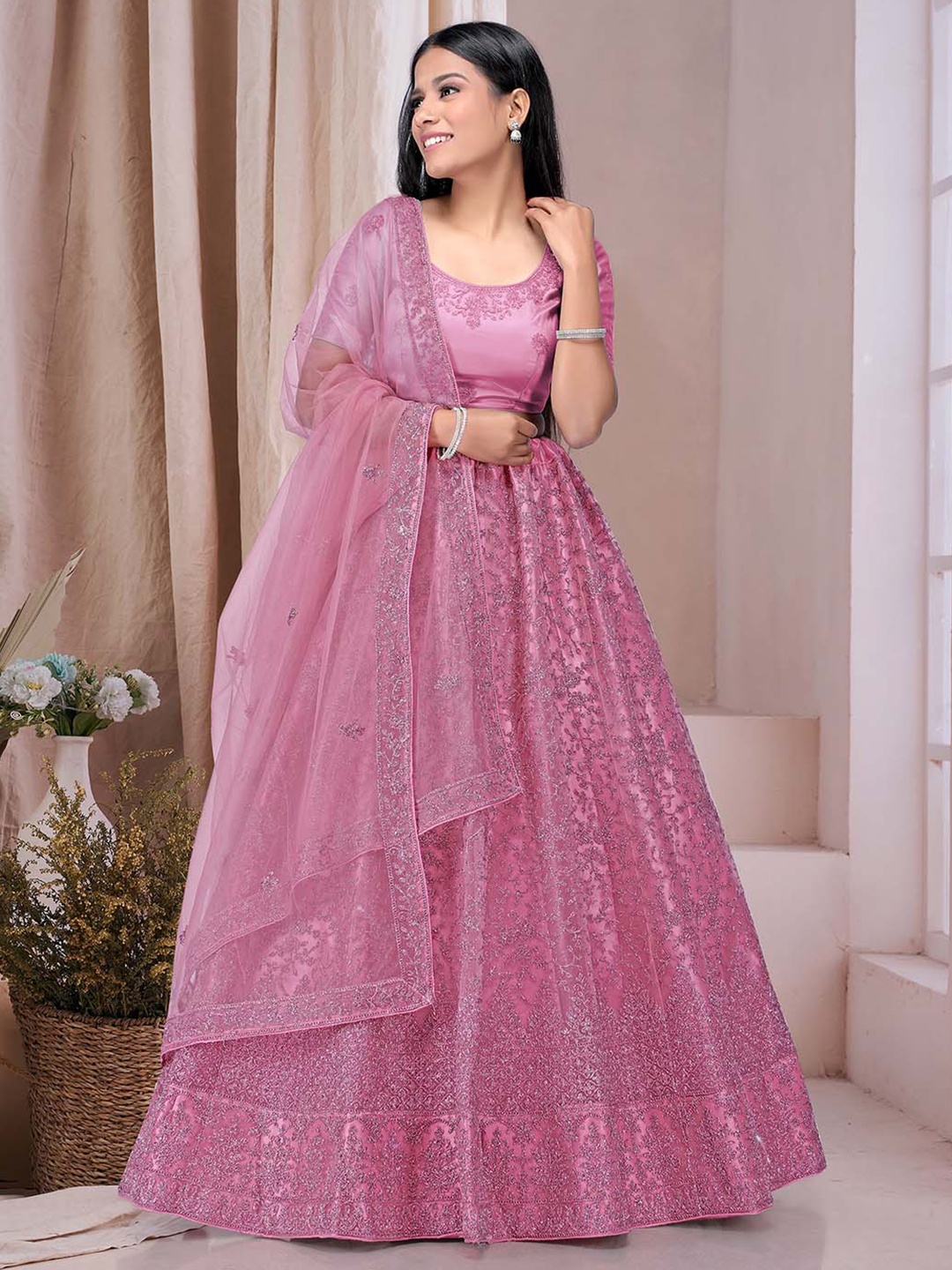 

HALFSAREE STUDIO Embroidered Net Semi-Stitched Lehenga & Unstitched Blouse With Dupatta, Pink