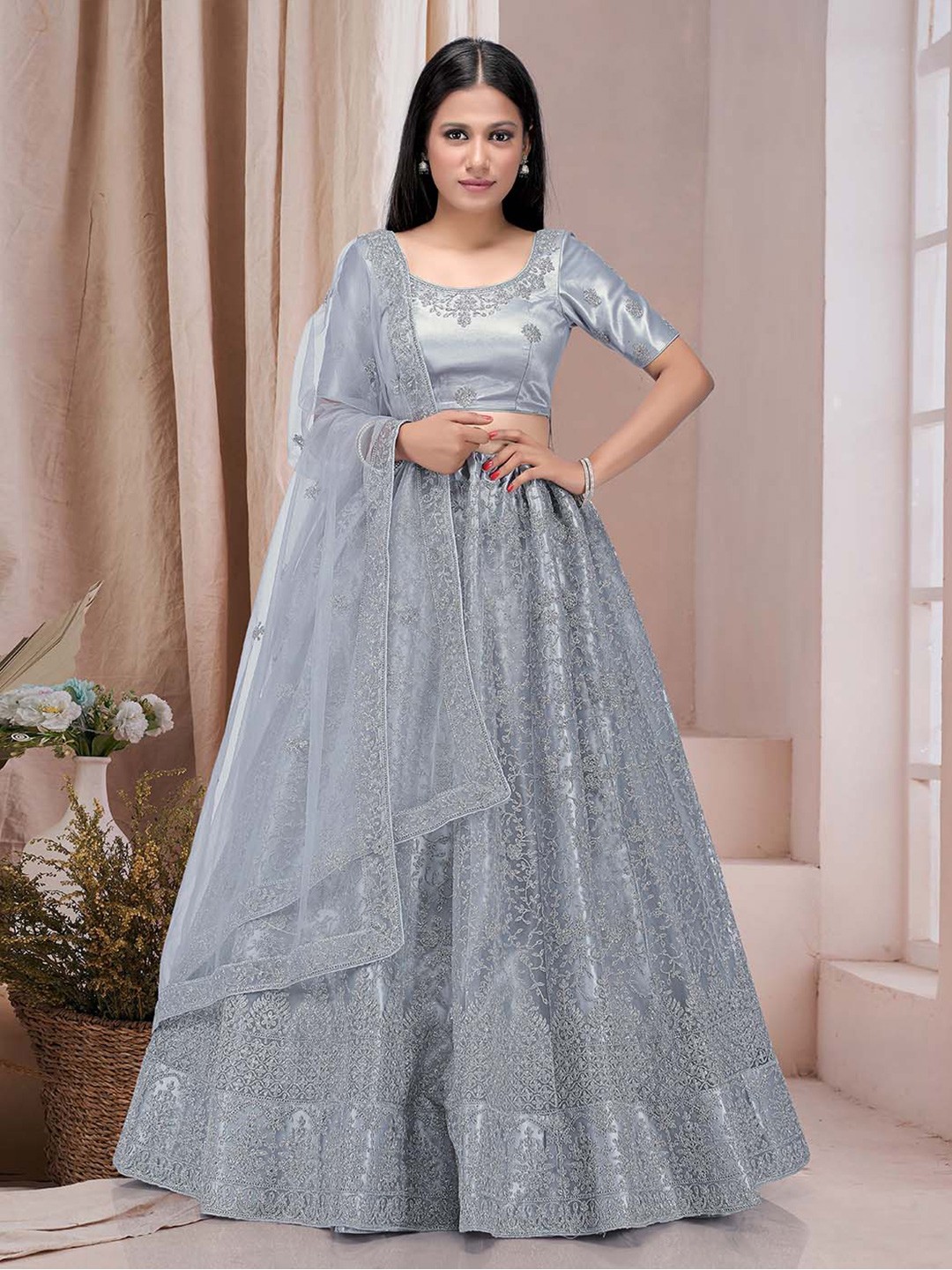 

HALFSAREE STUDIO Embroidered Net Semi-Stitched Lehenga & Unstitched Blouse With Dupatta, Grey