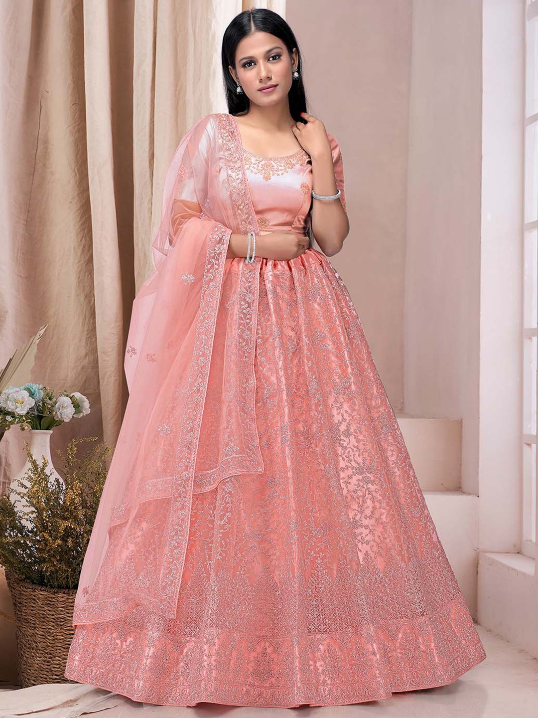 

HALFSAREE STUDIO Embroidered Net Semi-Stitched Lehenga & Unstitched Blouse With Dupatta, Peach