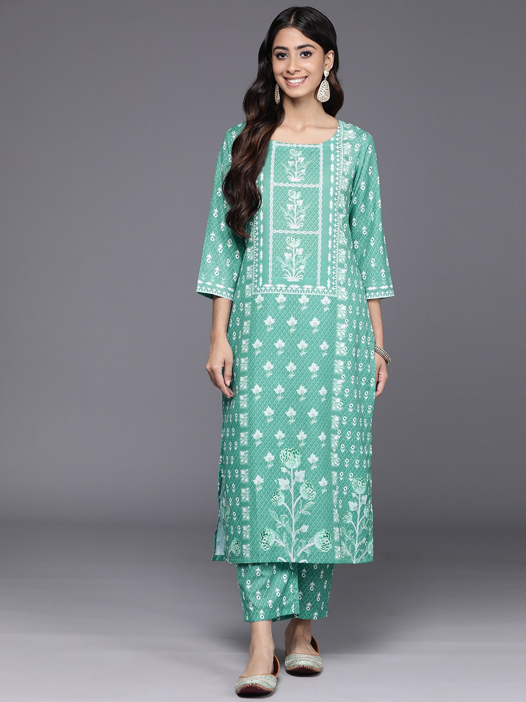 

KALINI Ethnic Motifs Printed Straight Kurta with Trousers, Sea green