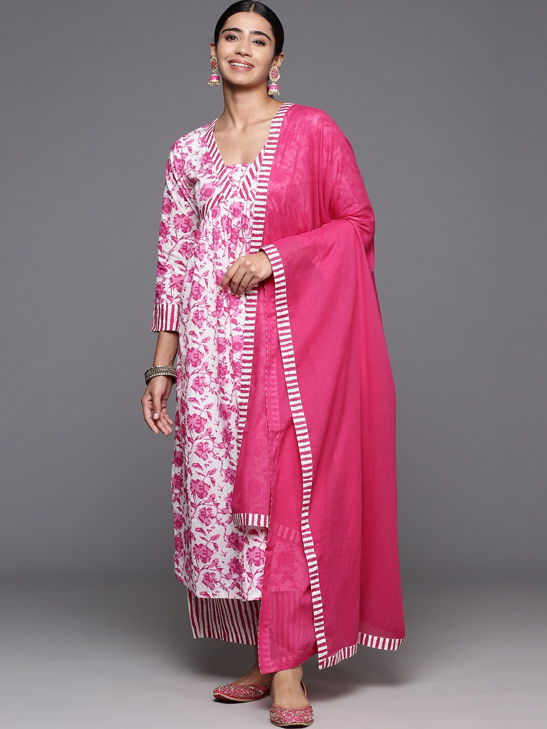 

KALINI Floral Printed Pure Cotton A-Line Kurta & Palazzos With Dupatta, Pink