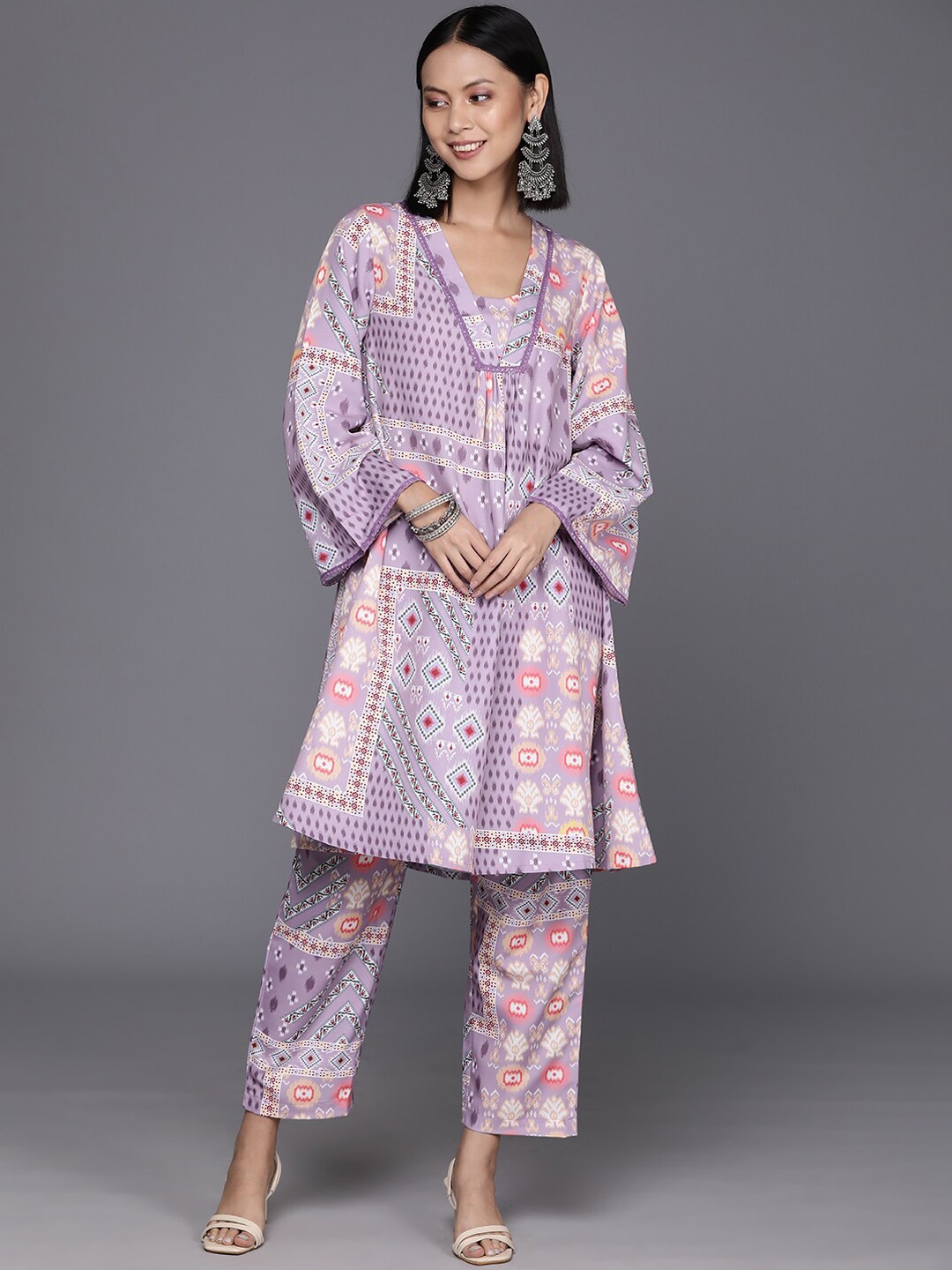 

KALINI Ethnic Motifs Printed V-Neck Flared Sleeves A-Line Kurta with Trousers, Lavender