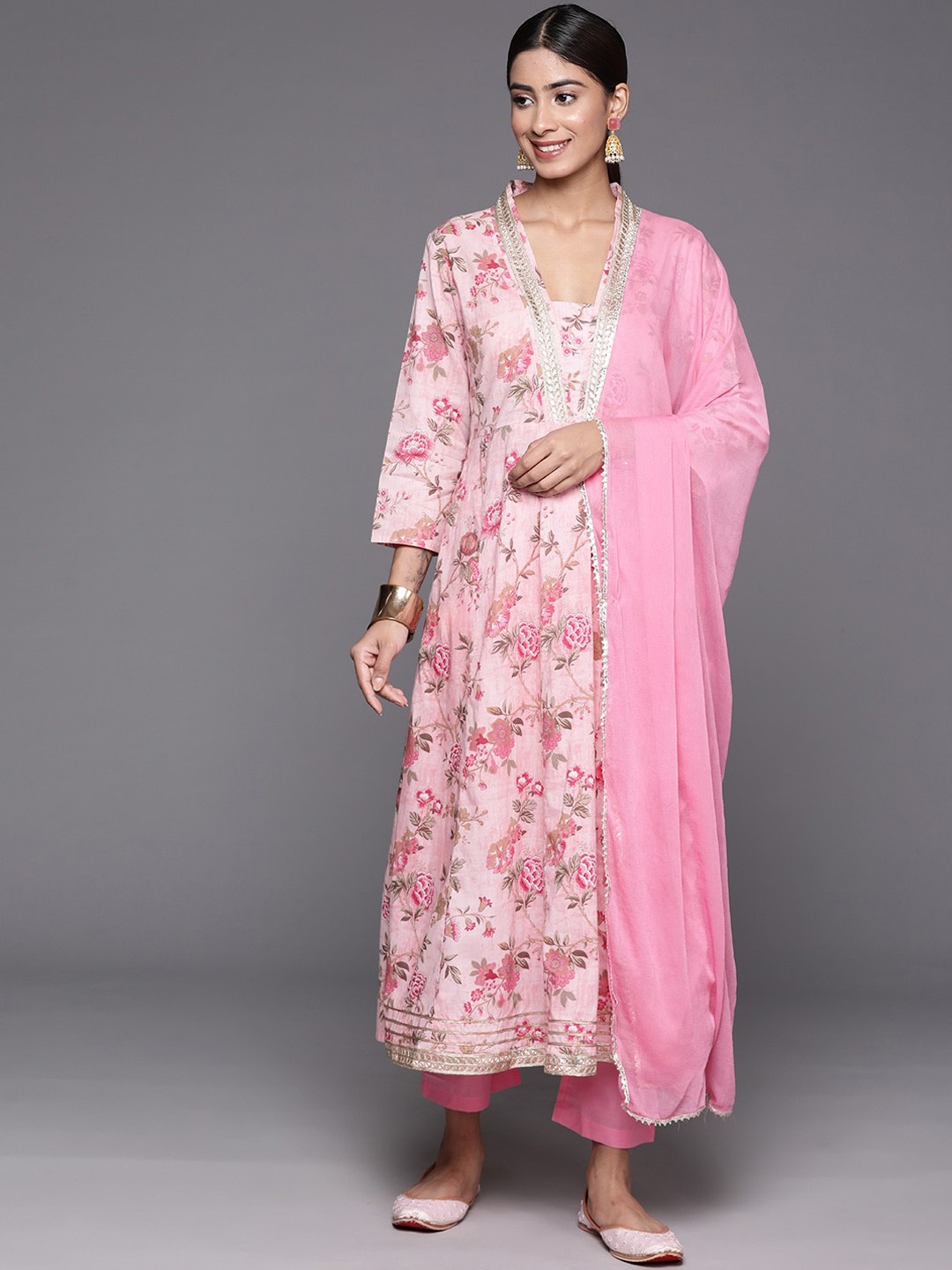 

KALINI Floral Printed V-Neck Zari Pure Cotton Anarkali Kurta With Trousers & Dupatta, Pink