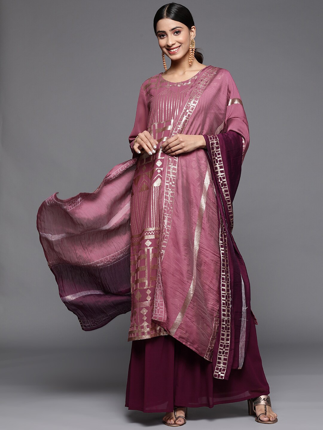 

KALINI Geometric Embroidered Sequinned Kurta With Sharara & Dupatta, Burgundy