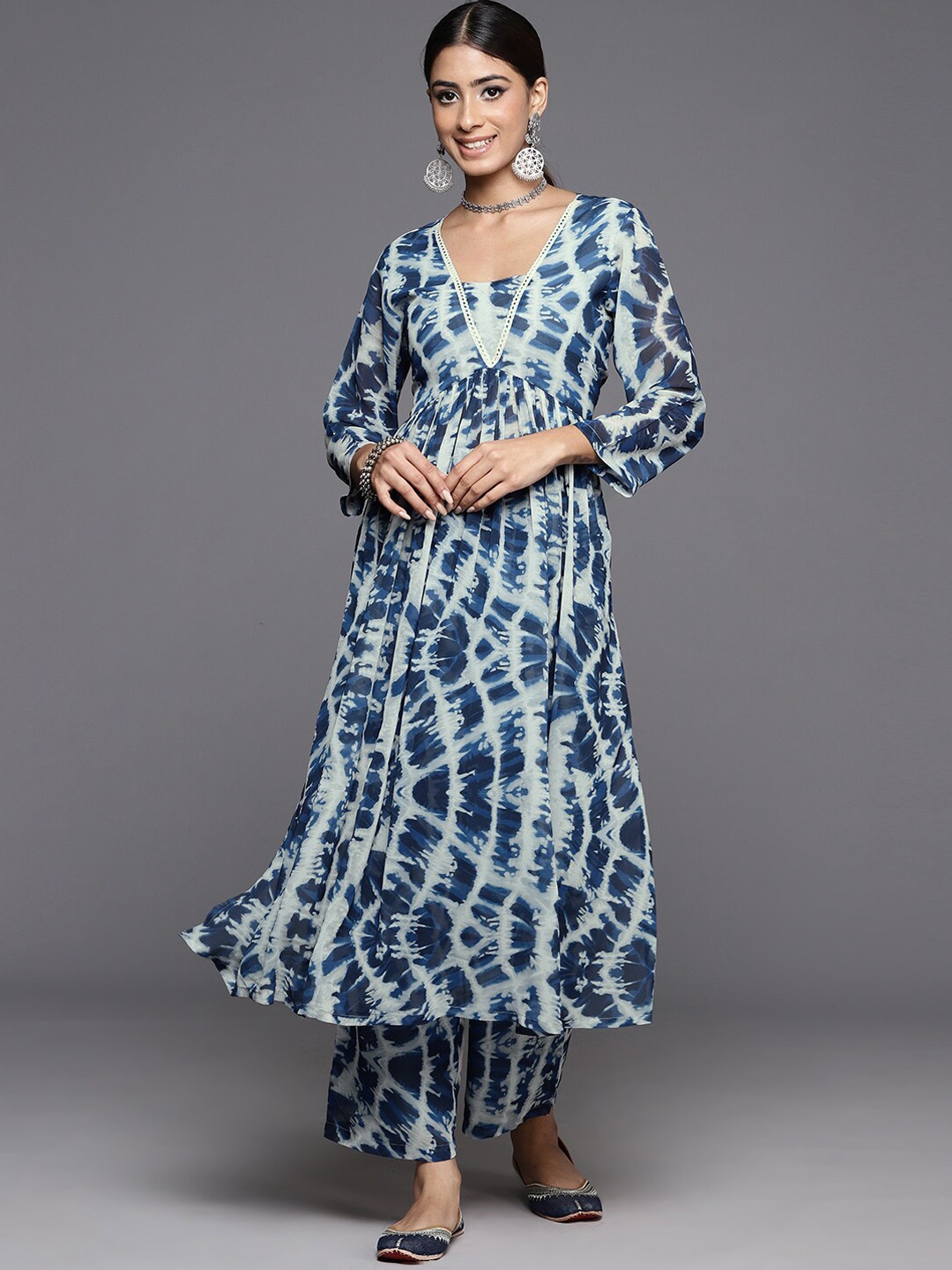 

KALINI Abstract Printed V-Neck Empire Silk Georgette Kurta With Trousers, Blue