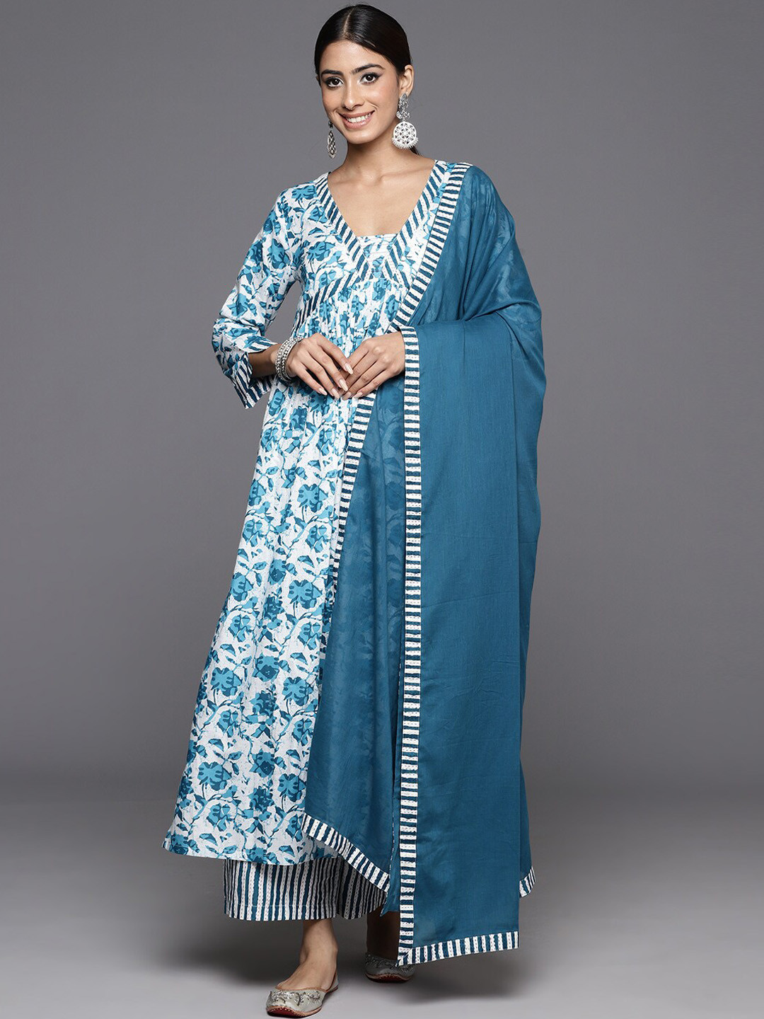 

KALINI Floral Printed V-Neck Empire Pure Cotton Kurta With Palazzos & Dupatta, Blue