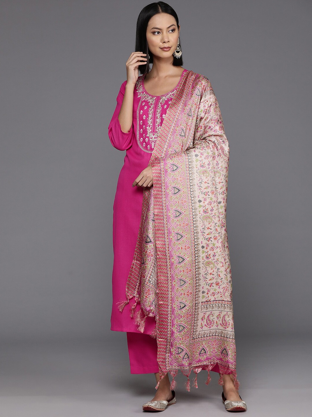 

KALINI Floral Yoke Design Regular Thread Work Kurta With Trousers & Dupatta, Pink