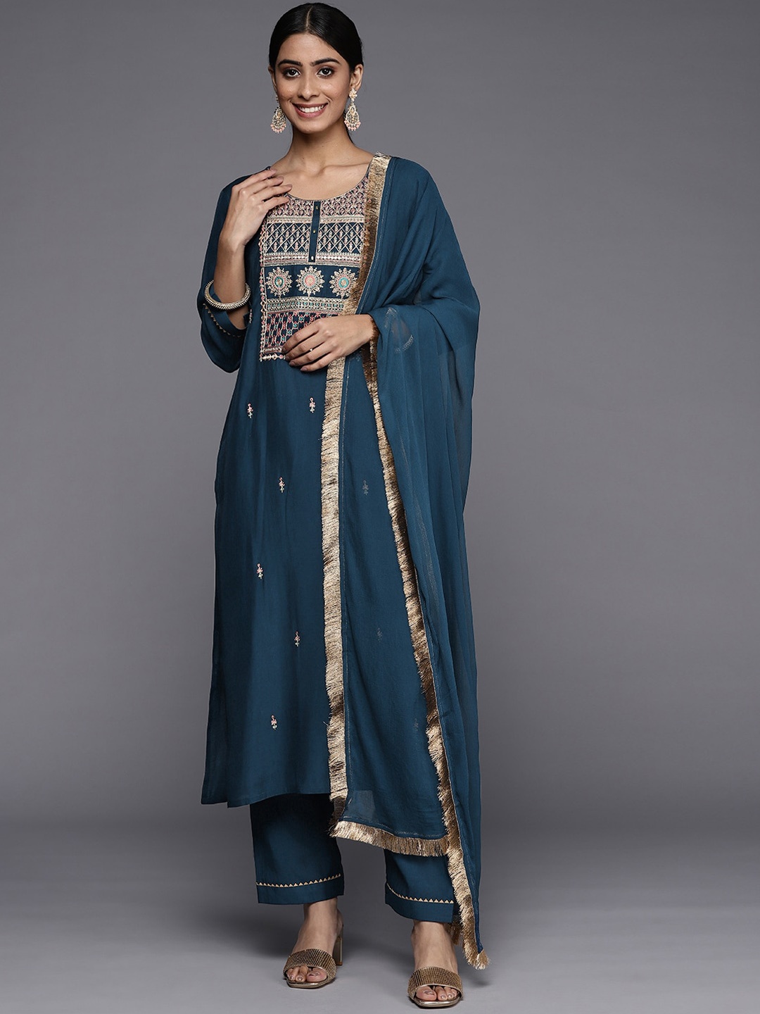 

KALINI Ethnic Motifs Yoke Design Regular Thread Work Kurta With Trousers & Dupatta, Blue