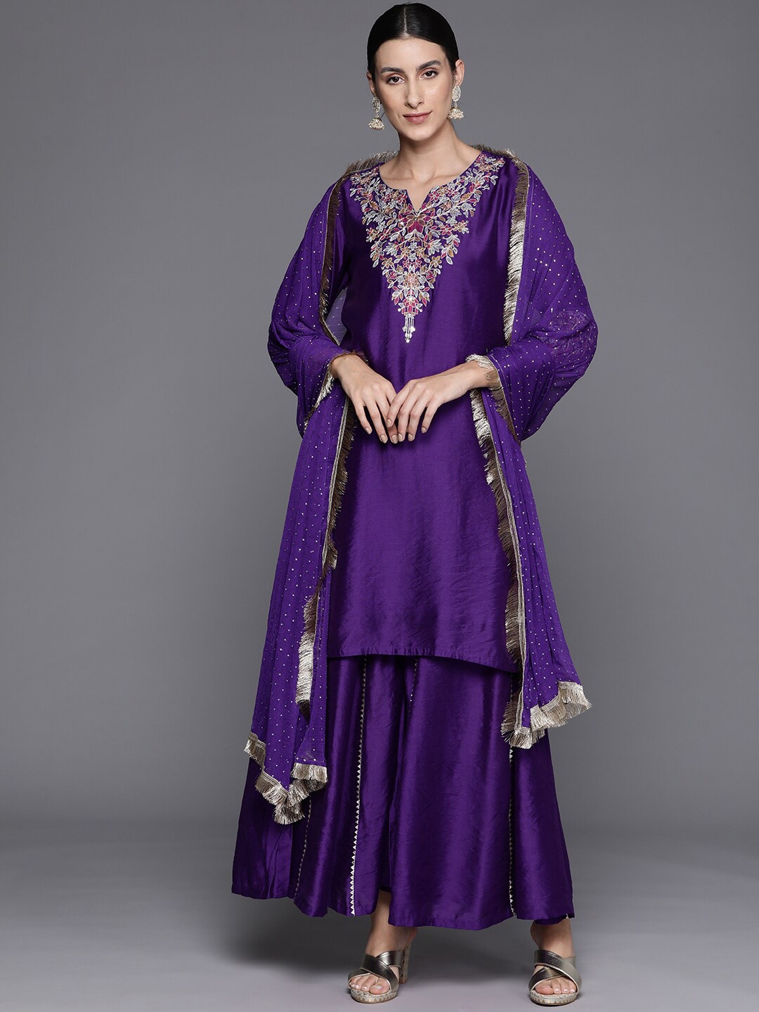 

KALINI Floral Yoke Design Thread Work Chanderi Silk Straight Kurta & Palazzo With Dupatta, Violet