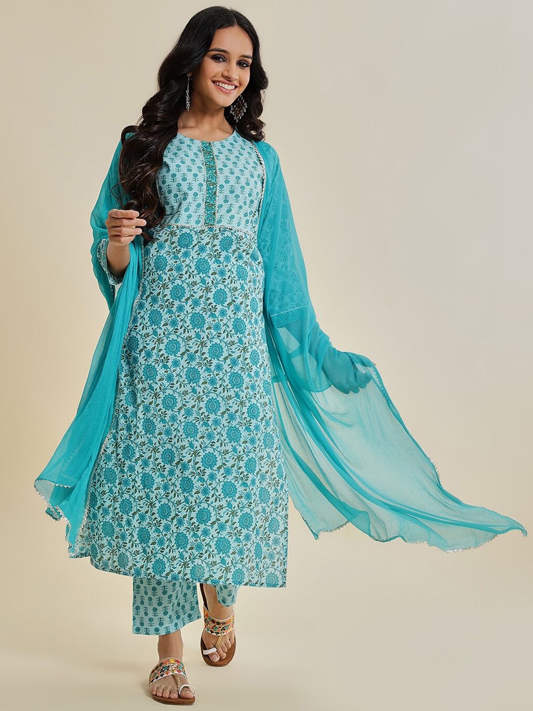 

KALINI Ethnic Motifs Printed Gotta Patti Pure Cotton Straight Kurta & Trouser With Dupatta, Blue