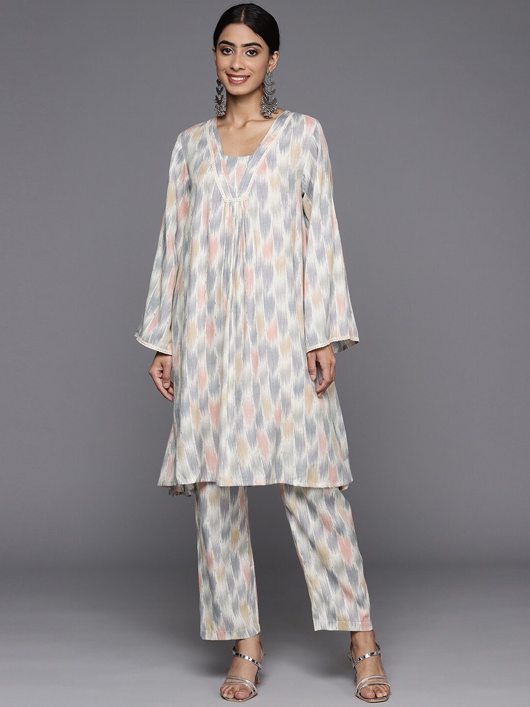 

KALINI Ethnic Motifs Printed Flared Sleeves A-Line Kurta With Trouser, Grey