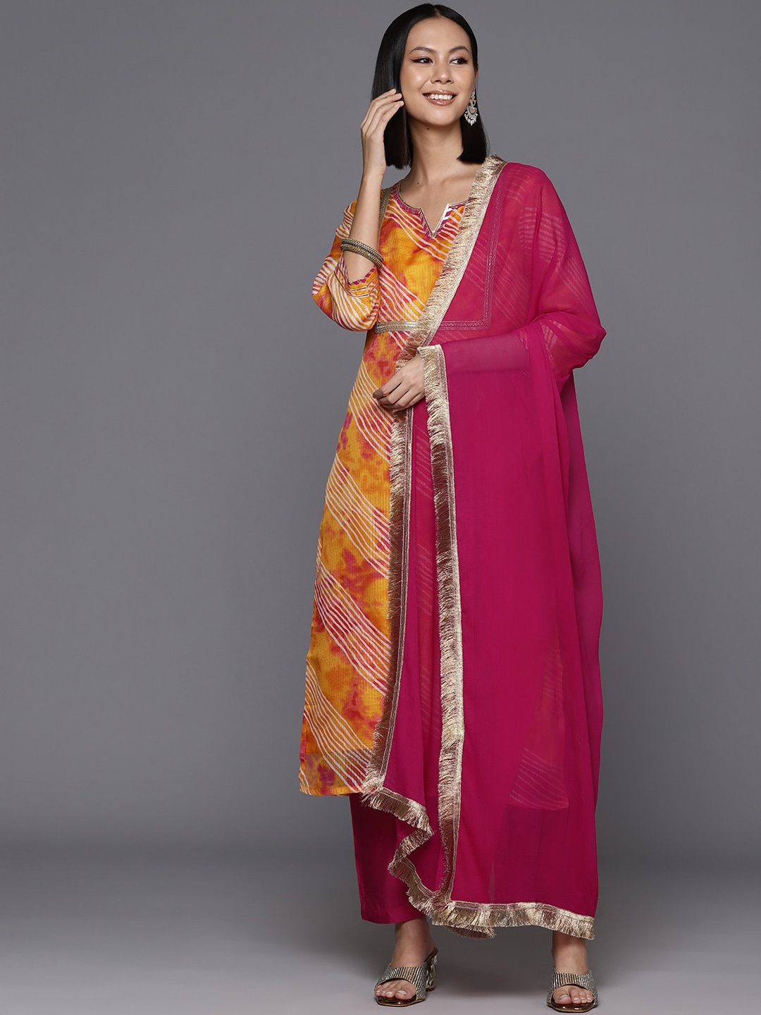 

KALINI Striped Straight Kurta with Trousers & With Dupatta, Orange