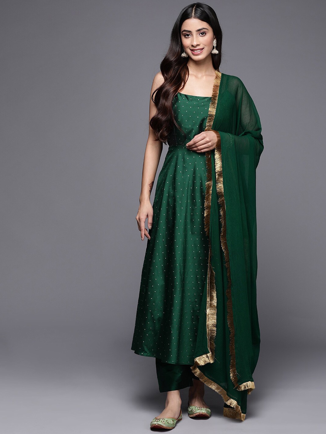 

KALINI Geometric Woven Design Shoulder Straps Zari A-LIne Kurta & Trousers With Dupatta, Green