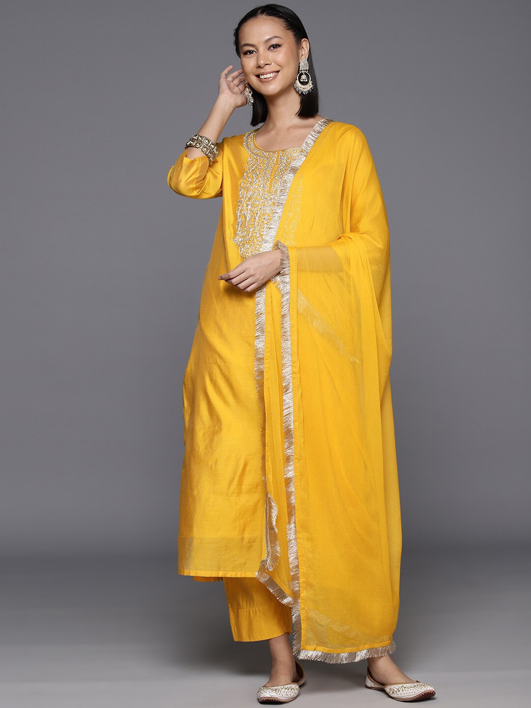 

KALINI Ethnic Motifs Yoke Design Thread Work Straight Kurta & Trousers With Dupatta, Mustard