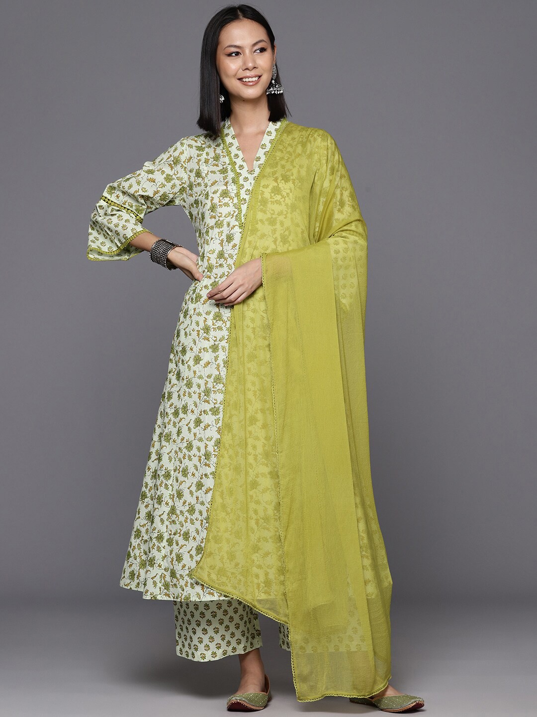 

KALINI Floral Printed V-Neck Pure Cotton A-Line Kurta & Trousers With Dupatta, Green