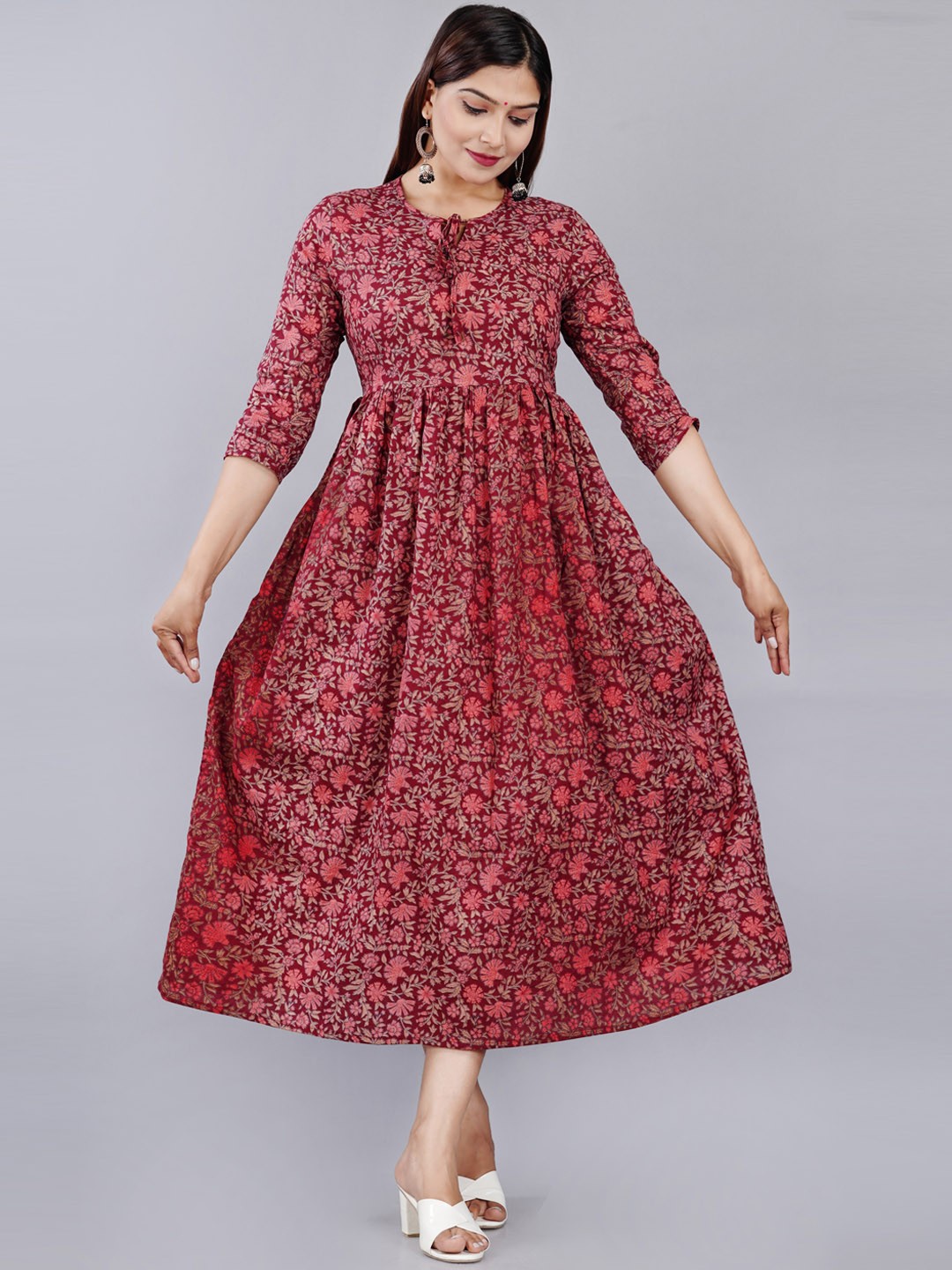 

AAYUMI Floral Printed Tie-Up Neck Gathered Fit & Flare Midi Ethnic Dress, Maroon