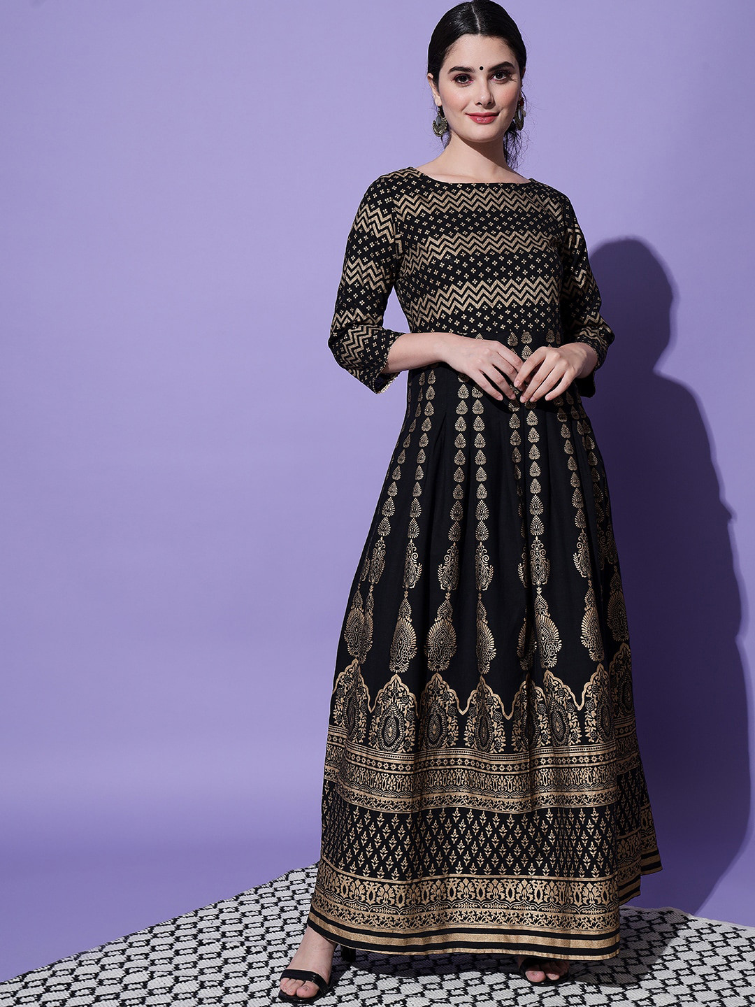 

AAYUMI Ethnic Motifs Printed Pure Cotton Anarkali Maxi Ethnic Dress, Black