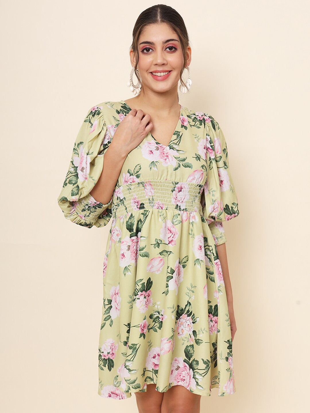 

BAESD Yellow Floral Print Georgette Fit & Flare Dress