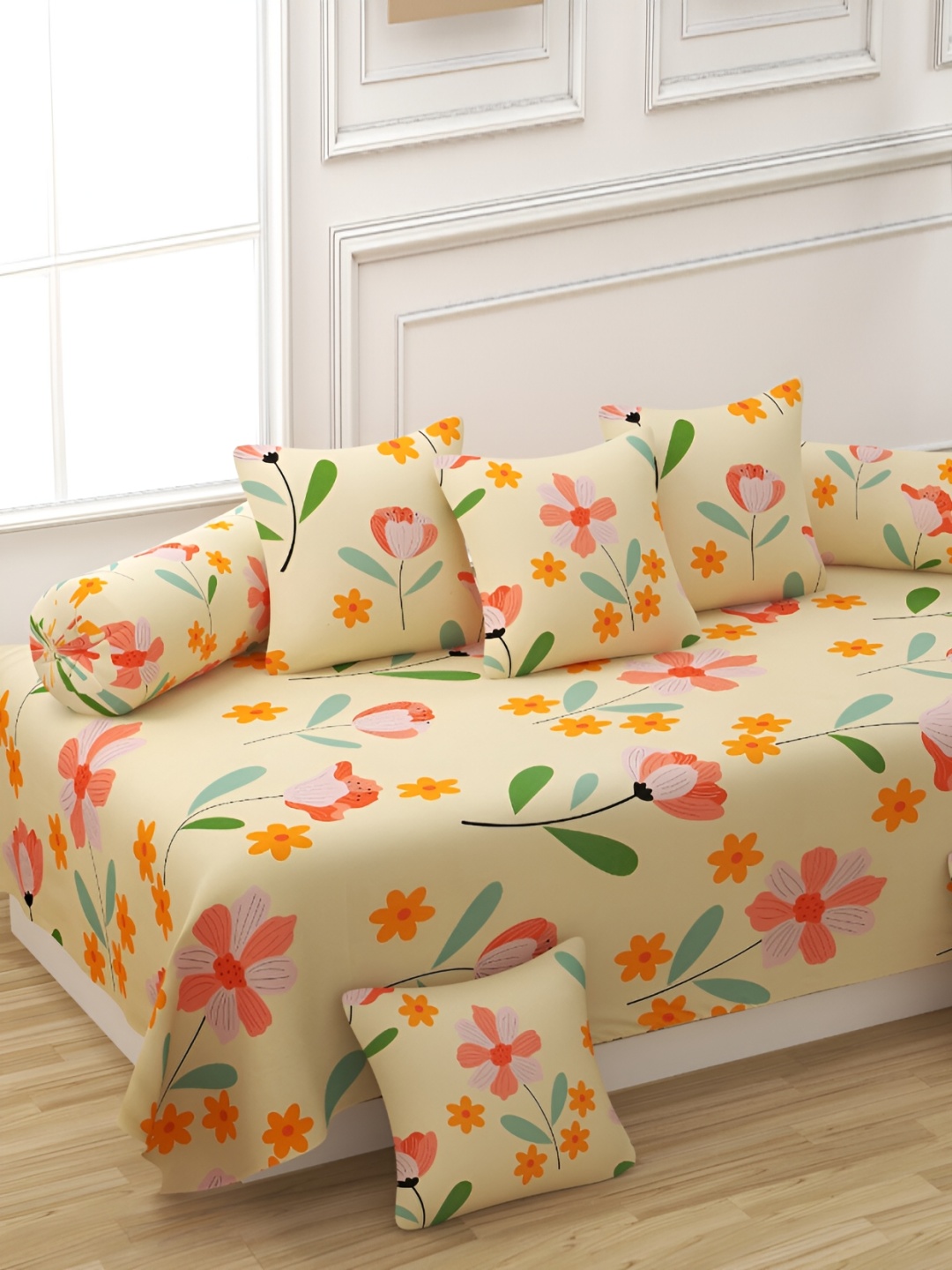 

CHHILAKIYA Yellow & Orange 8 Pcs Floral Printed Glace Cotton Diwan Set