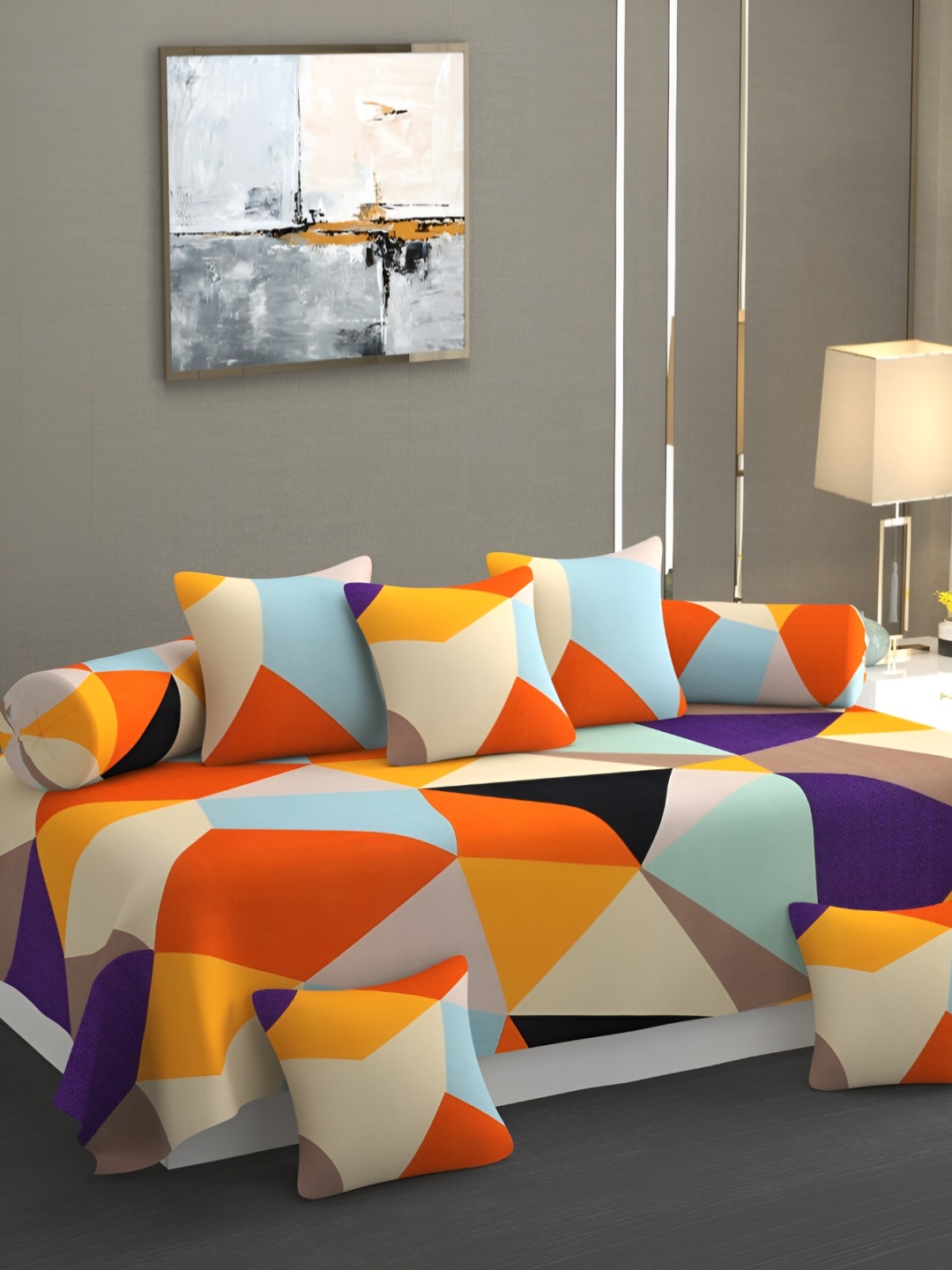 

CHHILAKIYA Orange & Blue 8 Pcs Geometric Printed Glace Cotton Diwan Set